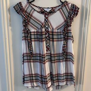 Time and Tru White Plaid Ruffle Sleeve Button Front Top